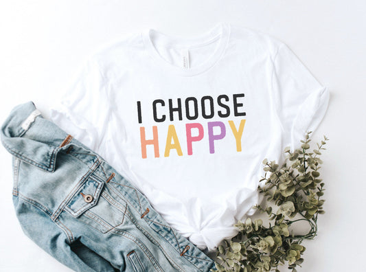 I Choose Happy Shirt, Optimistic Apparel, Positivity Clothing For Women, Rainbow Minimalist Tee, Womens Trendy Apparel