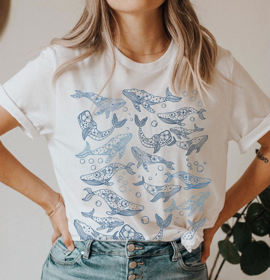 Boho Whale Tshirt, Marine Biology Lover Shirt, Whale Fan Gift, Ocean Conservation Tees, Great Barrier Reef Shirts For Women, Vacation Tops