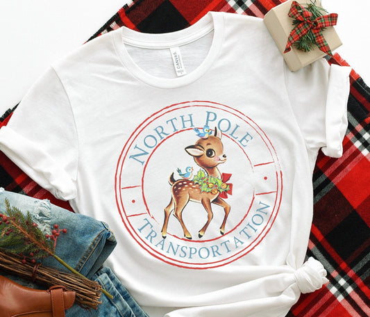 Retro Reindeer Tee, North Pole Transportation Shirt, Santa Claus Crewneck, Cute Winter Outfits For Women, Vintage Style Shirts