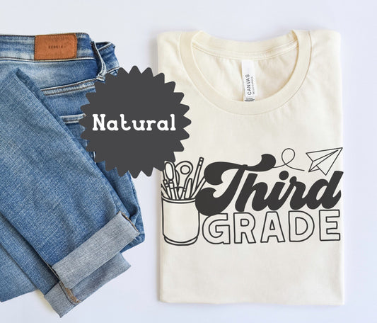 Third Grade Tee, Retro Style Shirts, Teacher Back to School Outfit, First Day Apparel, Minimalist Aesthetic