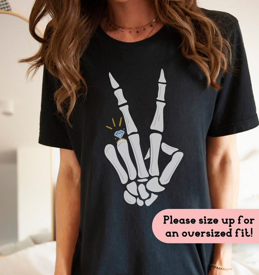 Engaged Skeleton Hand Peace Sign Tee Shirt, Engagement Gifts, Edgy Bachelorette Clothing, Getting Married Alternative Gift For Her, Fiancee