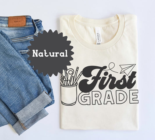 First Grade Tee, Retro Style Shirts, Teacher Back to School Outfit, First Day Apparel, Minimalist Aesthetic