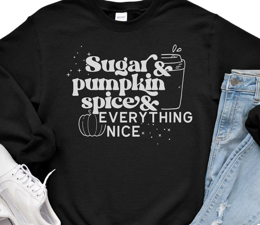 Sugar and Pumpkin Spice and Everything Nice Sweatshirt, Fall Sweaters For Women, Coffee Lover Shirts, Thanksgiving Halloween Outfits