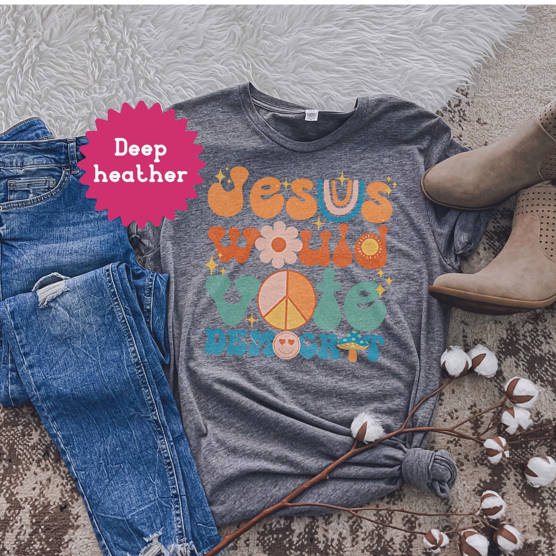 Jesus Would Vote Democrat Tshirt, Political Humor Tee, Liberal Shirts For Elections, Trendy Hippie Retro Style Shirts, Peace Sign Mushroom