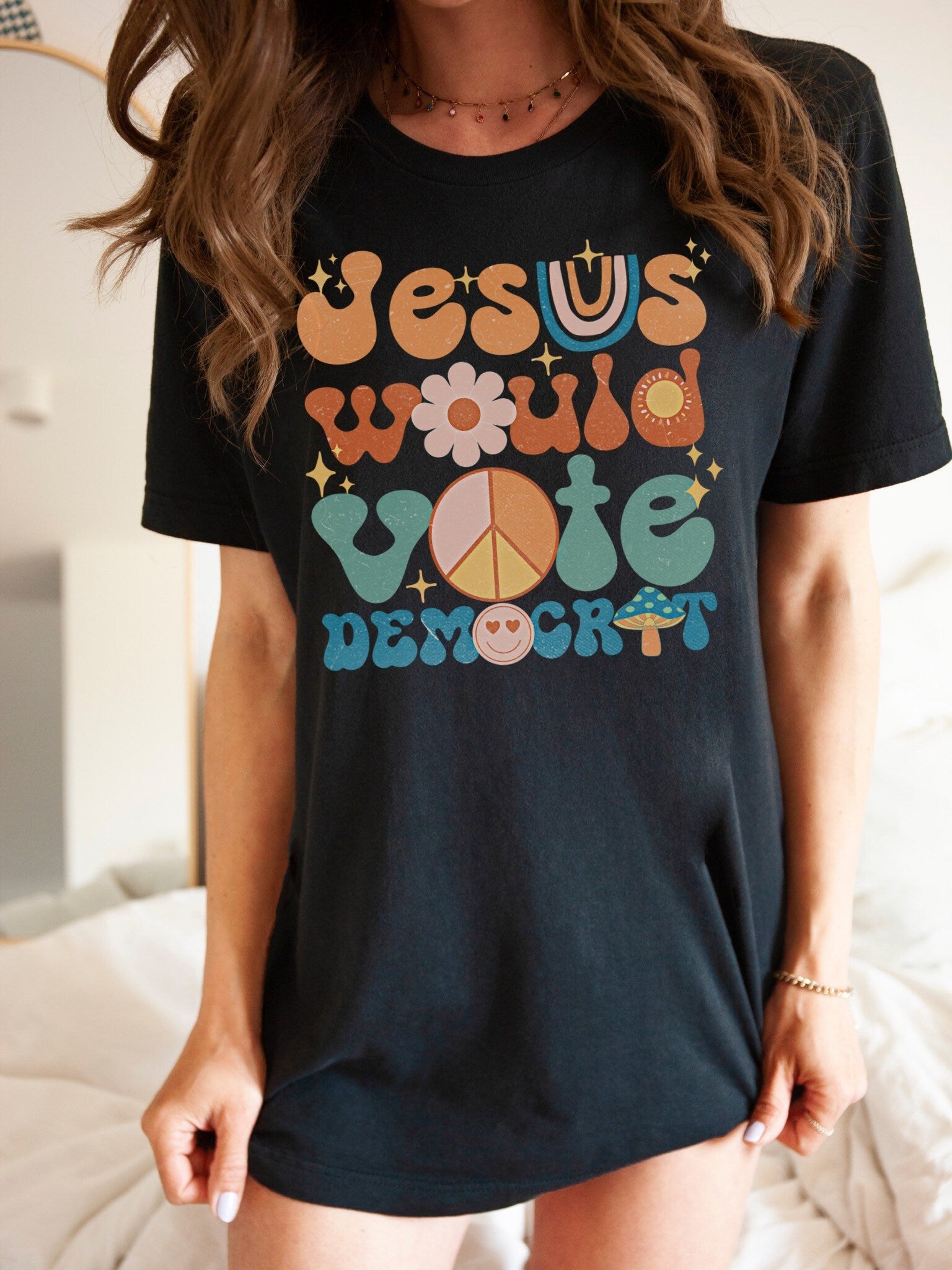 Jesus Would Vote Democrat Tshirt, Political Humor Tee, Liberal Shirts For Elections, Trendy Hippie Retro Style Shirts, Peace Sign Mushroom
